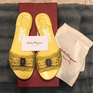 New Salvatore Ferragamo Gil Yellow Bow Sandals 7.5